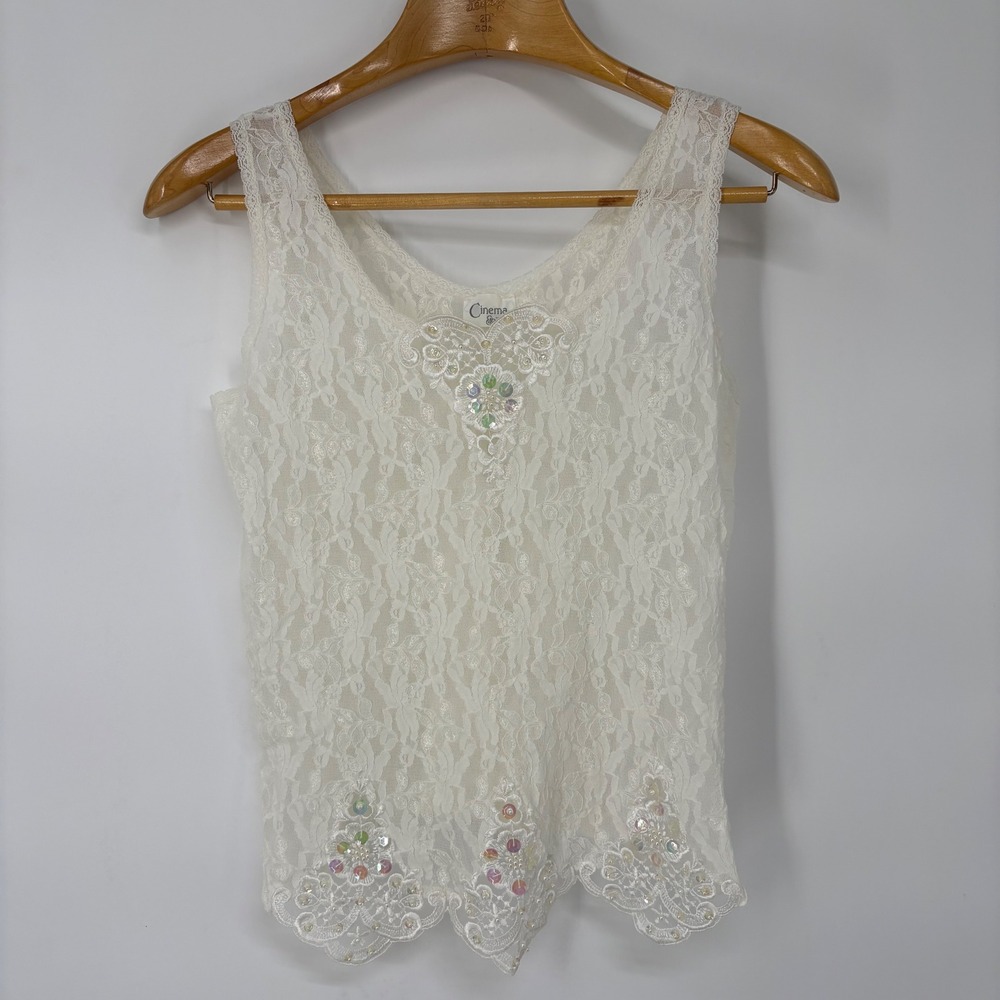 Vintage Cinema Etoile Ivory Floral Lace Scalloped Tank Sequin Beaded Top USA